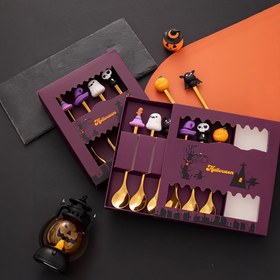 Resim 4/6 adet Cadılar Bayramı Partisi Paslanmaz Çelik Kahve Kaşığı ve Çatal Seti, Hediye Kutusu ve Mevsimlik Dekoratif Saplar, İnsansı, Cadı Şapkası, Kabak ve Hayalet Desenleri ile, Akşam Yemeği, Tatlı, Kahve, Çay ve Çorba Karıştırma için - Mükemmel Cadılar Bayramı Hediyesi 