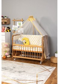 Resim Ahşap Beşik Anne Yanı Beşik Vernikli 60x120 - Sarı Yıldız 3 Yastık Uyku Seti + Yatak + Tekerlekli Ahşap 