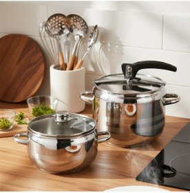 Resim Manheim M326 2'li 3.5+7 Litre Paslanmaz Çelik Düdüklü Tencere Seti Siyah 