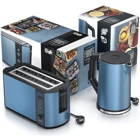 Resim 2 Li Set 1.5l Paslanmaz Çelik Kettle & 4 Dilimli Mavi Tost Makinesi Led Ekranlı 