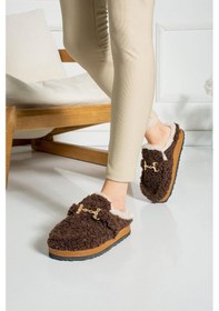 Resim Shoetek Lamia Kadın Terlik Tokalı İçi Kürklü Kahve Kahve Kahverengi 