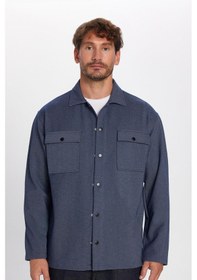 Resim Tudors Erkek Relax Fit Rahat Kesim Çift Cepli Örme Lacivert Apaş Yaka Gömlek-32944 Lacivert 
