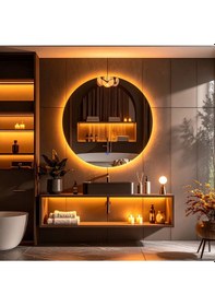 Resim Swirl Amber Led'li Lazer Kumlamalı Lavabo & Banyo Aynası Dokunmatik Sensörlü 70 X 70 Turuncu 
