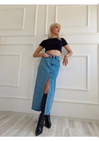 Resim Kadın Önden Yırtmaçlı Denim Etek Buz Mavi 