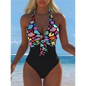Resim Kadınlar için Yüksek Bel Karın Kontrollü Tek Parça Mayo, Çıkarılabilir Pedli, Canlı Renkli Baskılı, Halter Boyun Tasarımı, Makinede Yıkanabilir, Esnek Polyester/Spandex Karışımı Plaj veya Havuz İçin, Karın Kontrol Mayo, Plaj Yüzme Kıyafeti, Rahat Yüzme Kıyafeti 