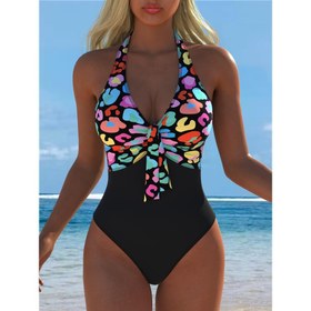 Resim Kadınlar için Yüksek Bel Karın Kontrollü Tek Parça Mayo, Çıkarılabilir Pedli, Canlı Renkli Baskılı, Halter Boyun Tasarımı, Makinede Yıkanabilir, Esnek Polyester/Spandex Karışımı Plaj veya Havuz İçin, Karın Kontrol Mayo, Plaj Yüzme Kıyafeti, Rahat Yüzme Kıyafeti 
