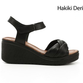 Resim GÖNDERİ(R) Kadın / Kız Siyah Bilekten Cırt Bantlı Dolgu Topuklu Hakiki Deri Sandalet 