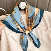 Resim 69.98cm Lüks Barok Baskılı Kare Eşarp - Yumuşak, Hafif, Nefes Alabilen Polyester, Moda Mavi ve Altın Desenli Kadınlar İçin Başörtüsü - Stil, Hediye ve Günlük Kullanım İçin İdeal, Saç Eşarpı 