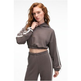 Resim Grimelange ROSELLE Kadın Kapüşonlu Yan Şeritli Kurdele Detay Crop Antrasit Sweatshirt 
