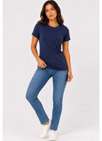 Resim Kadın Basic Tişört Bisiklet Yaka Kısa Kol Günlük Yazlık Slim Fit T-shirt - Lacivert 