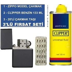 Resim Zippo Siyah Çakmak + Clipper Benzin 133 Ml + 20 Li Çakmak Taşı 
