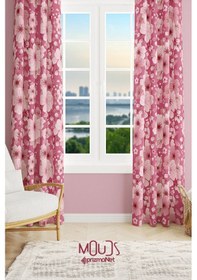 Resim Pembe Çiçek 2 Desenli Süet Oturma Odası Salon Fon Perde Baskılı Ekstrafor Büzgü 2 Kanat Prd-1041 Çok Renkli 