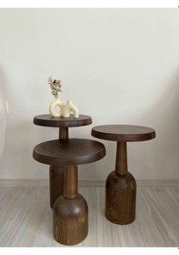 Resim 3'lü Ceviz Renk Fiskos Mantar Yan Sehpa 