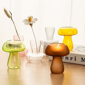 Resim 1 adet Yaratıcı Mantar Cam Mum Tutucu, Renkli Şeffaf Mum Mumluk, Ev Masaüstü Dekorasyonu, Düğün Dekorasyon Malzemeleri, Sevgililer Günü için Ev Süsü, Estetik Oda Dekoru, Ev Dekoru, Tatil Malzemeleri 