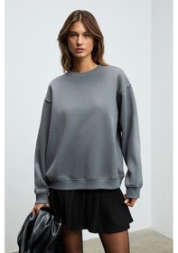 Resim Grimelange Karıus Kadın Organik Pamuklu İçi Polarlı Oversize Yuvarlak Yakalı Gri Sweatshirt Gri 
