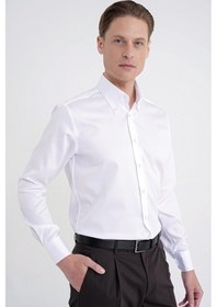 Resim Slim Fit Düğmeli Yüksek Yaka %100 Pamuk Saten Düz Beyaz Gömlek Gk 760 