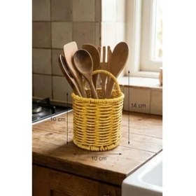 Resim Buffer Yuvarlak Hasır Dokulu Plastik Kaşıklık ve Çatallık, Askılı Çok Amaçlı Mutfak Organizeri, 10X14 cm 