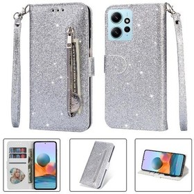 Resim Xiaomi Redmi Note 12 4g İçin Fermuarlı Cüzdan Kılıf Kartlık Mıknatıslı Kapanış Gliter Bileklik Pu Deri 