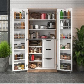 Resim 165 Derece Açılabilir 2 Kapaklı, 3 Çekmeceli, Kavanoz Raflı Kiler Ve Erzak Mutfak Dolabı Atlantik Çam Beyaz 