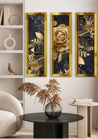 Resim Evinemoda Gold Çiçek Yapraklar Gold Pleksi Aynalı 3 Parça Tablo 
