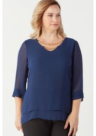 Resim 1935 Zincir Yakalı Şifon Büyük Beden Şık Bluz Lacivert Lacivert 