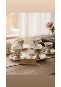 Resim 6 Lı Gold Çiçek Desenli Porselen Kahve Fincan Takımı Balsa Sunumluk, Şık & Lüks Seri Sarı - Çok Renkli 