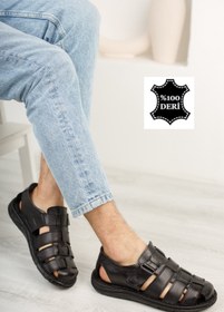 Resim İmerShoes Erkek Siyah Taba Klasik Terlik Sandalet Ayakkabı 