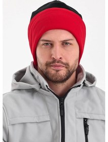 Resim Erkek Siyah Polar Dış, Kahve Pamuklu Iç Kısım, Çift Renk Çift Katmanlı Katlanabilir Yumuşak Bere - Standart / Siyah-kırmızı Siyah-kırmızı 