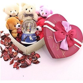 Resim Sevgiliye Eşe Sürpriz Kalp Hediye Kutusu İçinde Sevgililer Kar Küresi & 5 Adet Yavru Ayıcık Seti HDH75 