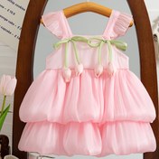 Resim ZOSEYIES Kızlar Yaz Elbisesi - 3D Yay ve Çiçek Detaylı Pembe Prenses Elbise, Kolsuz, Dokuma Kumaş, Esnek Olmayan, Düzenli Kesim, Düz Renk, Polyester %100 - Küçük Çocuklar İçin Sevimli Festival Elbisesi 