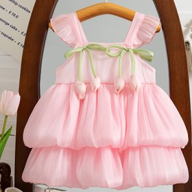 Resim ZOSEYIES Kızlar Yaz Elbisesi - 3D Yay ve Çiçek Detaylı Pembe Prenses Elbise, Kolsuz, Dokuma Kumaş, Esnek Olmayan, Düzenli Kesim, Düz Renk, Polyester %100 - Küçük Çocuklar İçin Sevimli Festival Elbisesi 