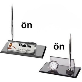 Resim Hukukçulara Özel Kişiye Özel Masa Üstü İsimlik - Saatli Ve Kalemli Cam Ofis Hediyesi Açık Gri - Füme 