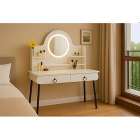 Resim Vella Modern Led Işıklı Oval Makyaj Masası Raflı Ve Çekmeceli Beyaz 