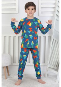 Resim Zuzunga Renkli Geometrik Şekilli Erkek Çocuk Pijama Takımı Lacivert 