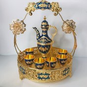 Resim 1 Takım Avrupa Vintage Saray Şarap Aksesuarlari Seti, Ev Düğün Tatil Metal Hediye Mini Matara Süs Noel Armaği ile Demlik & Tepsi, 6 Metallik Bardakları Masa Üstü Çeşitli ve Servis Gereçlerini 