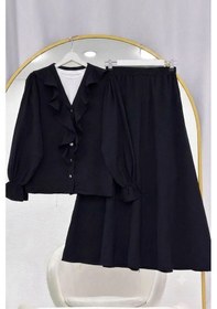 Resim Lovie Moda Fırfır Yaka Düğmeli Kol Büzgülü Etekli Takım Siyah 