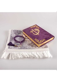 Resim Seccade + Tesbih + Kuran Hediye Seti (Orta Boy, Kadife, Mor) 