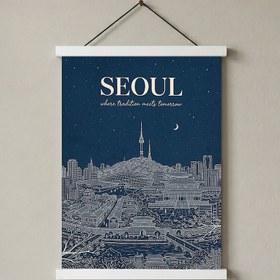 Resim Seoul Line Art Print - Navy N Seoul Tower Gyeongbokgung Palace Skyline Wall Art - With Hanger - White / 24 x 36" (60x90 cm) 