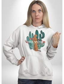 Resim Kaktüs Çita Kadın Erkek Beyaz Kapüşonlu Sweatshirt Hoodie Beyaz 