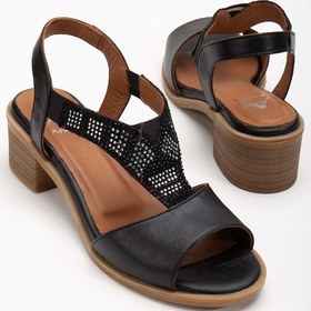 Resim Analin Shoes Kadın Hakiki Deri Lastikli Rahat Taşlı Sandalet Kot Mavi Siyah 