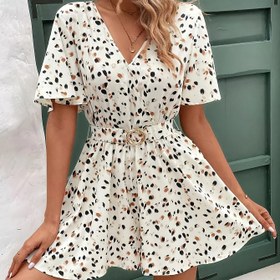 Resim Kadınlar için Şık V Yaka Kemerli Tulum - Geometrik Desen Kısa Kollu Yazlık Jumpsuit, Ayarlanabilir Bel, Makinede Yıkanabilir Esnek Olmayan Kumaş, Günlük ve Resmi Etkinlikler İçin Hafif Örtü, Dekoratif Kemer Detayı, Pürüzsüz Dokulu Yüzey 