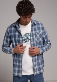 Resim Regular Fit Shirt Neck Ekoseli Erkek Mavi Uzun Kol Gömlek Colin's