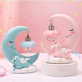 Resim keyfim shop Dekoratif Ay Dede Ve Minik Unicorn Temalı Masa Lambası Ve Biblo -Mavi Renk 