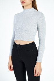 Resim bentillo Kadın Gri Yarım Balıkçı Yaka Uzun Kol Basic Crop Bluz 