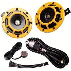 Resim Lumaworld Yellow Horn With Wire Button Allrey Araba Kornası 12v Yüksek Sesli Metal İkiz Kornası Seti 