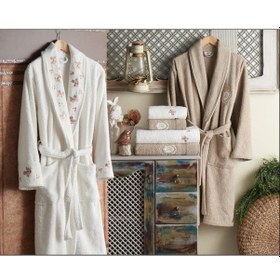Resim Dantela Premium Soft Nakışlı Aile Bornoz Seti-Gülce Krem Bej Krem - Bej 