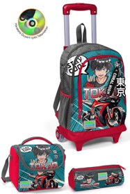 Resim Coral High Kids Gri Nefti Anime Motorsiklet Desenli Üç Bölmeli Çekçekli 3'lü Çanta Seti SET0123964 