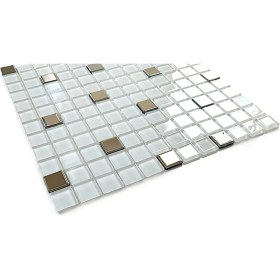 Resim Mutfak Tezgah Arası ve Iç Mekan Kaplama ve Dekorasyon Uygulamalarında Tüm Yüzeyler Için, 23X23MM. Beyaz-Gümüş Krom Mix. 30X30CM. Fileli Kristal Mozaik. 