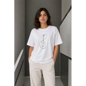 Resim Çamaşır Kenti Minimal Gitar Baskılı Tişört Tshirt Yazlık Kısa Kol Bisiklet Yaka Tshirt 