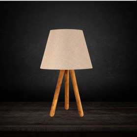 Resim Tasarım Üç Ayaklı Ahşap Abajur Bej Dokuma Bej 